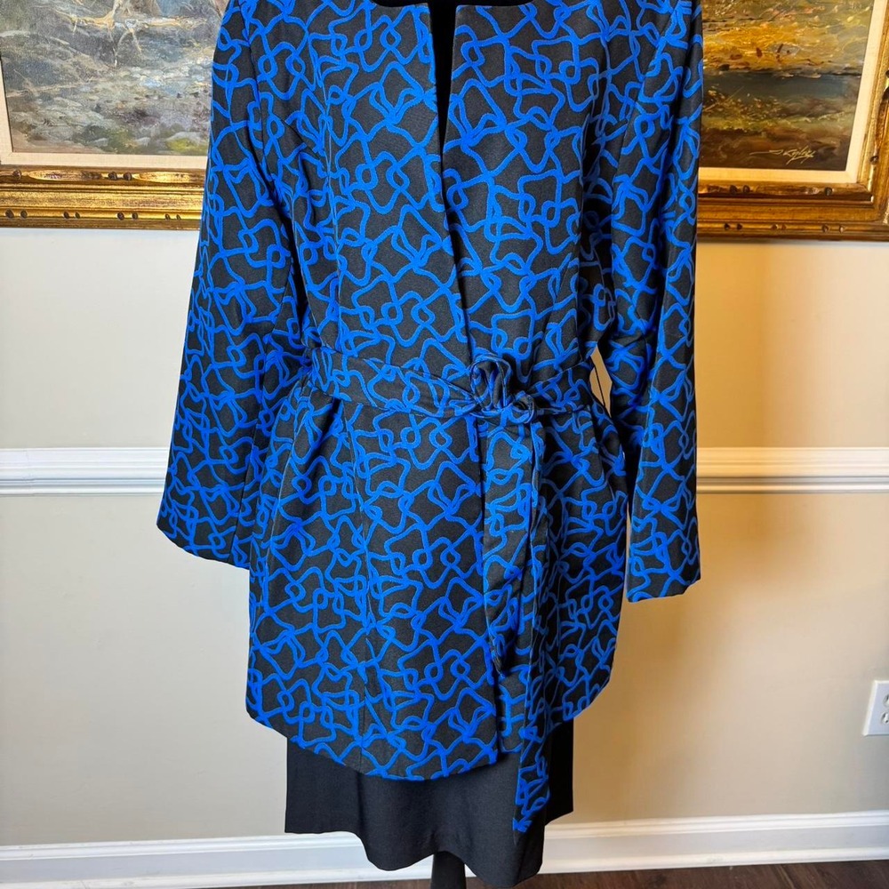Vintage Blue Black Geometric Pattern Belted Open Front Blazer Skirt Suit Sz 20